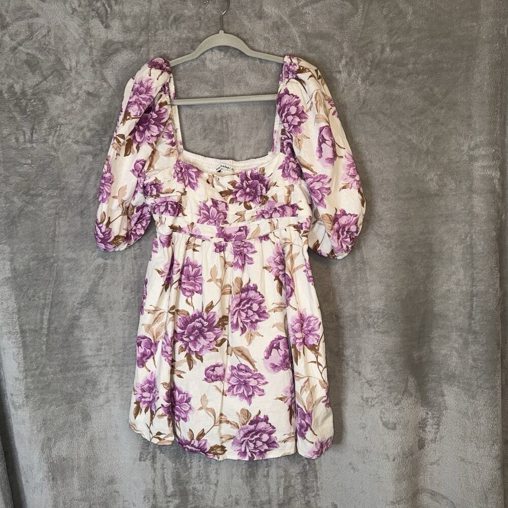 Abercrombie Fitch Emerson Floral Dress Size L Puff Sleeve Square Neck Linen